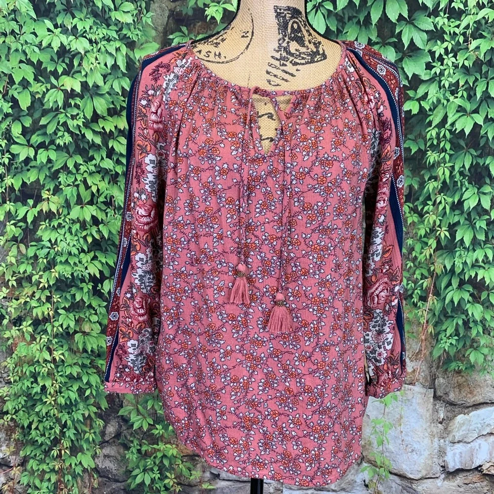 LUCKY BRAND Rust Boho Long Sleeve Contrast Stripe Floral Tassel-Tie Blouse, S - Picture 2 of 11